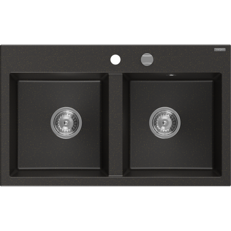 Mexen Hektor chiuvetă de bucătărie granit 2 compartimente 800 x 480 mm, negru/auriu metalic, sifon crom - 6521802000-75
