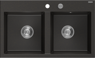 Mexen Hektor chiuvetă de bucătărie granit 2 compartimente 800 x 480 mm, negru/auriu metalic, sifon crom - 6521802000-75