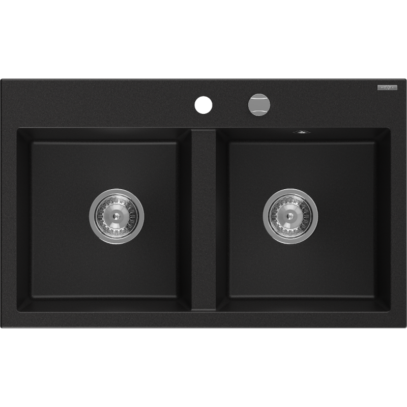 Mexen Hektor chiuvetă din granit cu 2 compartimente 800 x 480 mm, neagră, sifon crom - 6521802000-77