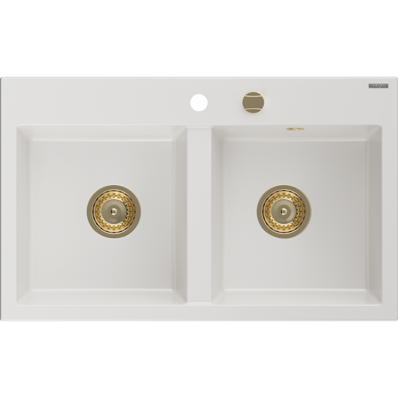 Mexen Hektor chiuvetă de granit cu 2 compartimente 800 x 480 mm, alb, sifon auriu - 6521802000-20-G