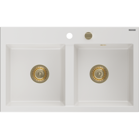 Mexen Hektor chiuvetă de granit cu 2 compartimente 800 x 480 mm, alb, sifon auriu - 6521802000-20-G