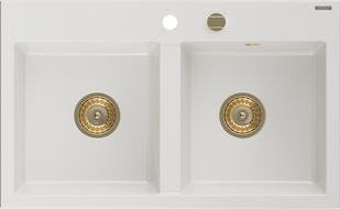 Mexen Hektor 2 rekeszes gránit mosogató 800 x 480 mm, fehér, arany szifon - 6521802000-20-G