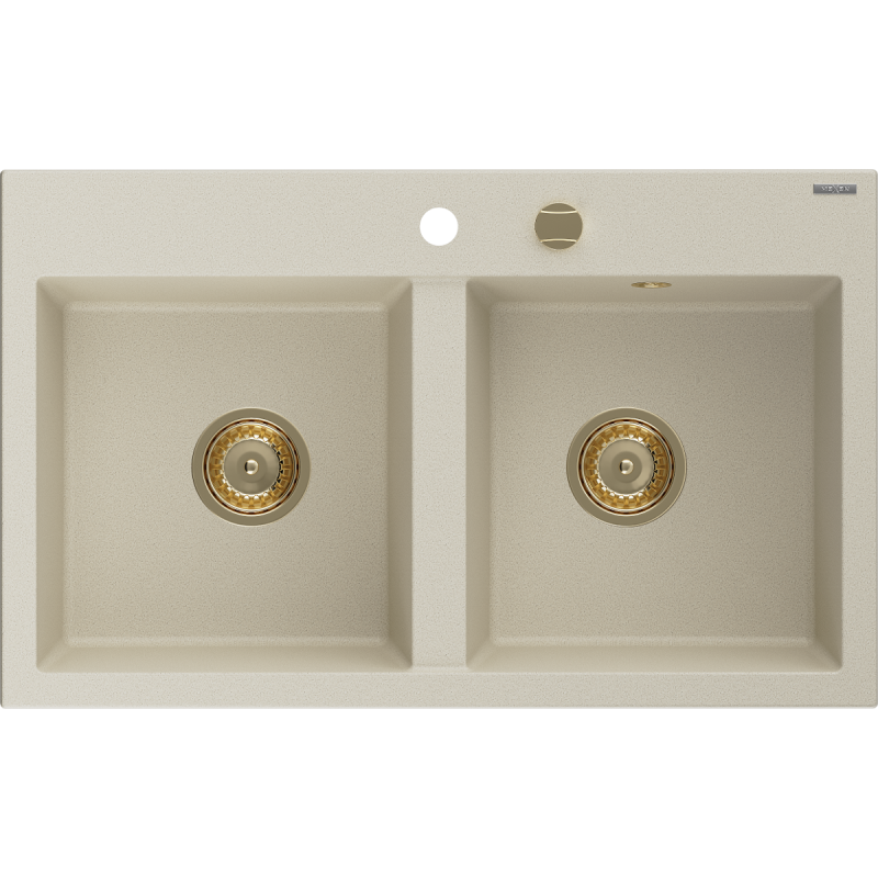 Mexen Hektor gránit mosogató 2-medencés 800 x 480 mm, bézs, arany szifon - 6521802000-69-G