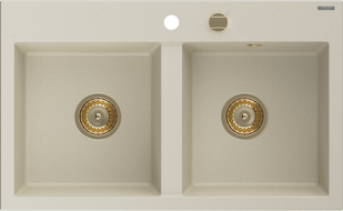 Mexen Hektor 2-medencés gránit mosogató 800 x 480 mm, beige, arany szifonnal - 6521802000-69-G