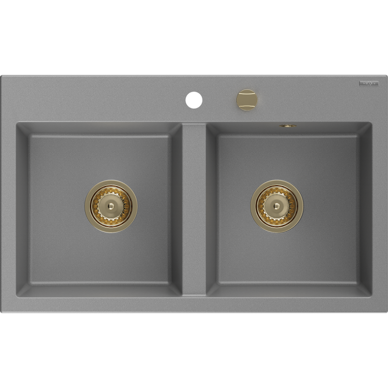 Mexen Hektor chiuvetă de granit 2 compartimente 800 x 480 mm, gri, sifon auriu - 6521802000-71-G