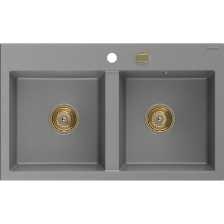 Mexen Hektor chiuvetă de granit cu 2 compartimente 800 x 480 mm, gri, sifon auriu - 6521802000-71-G