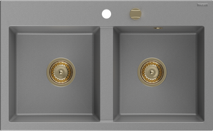 Mexen Hektor 2-medencés gránit mosogató 800 x 480 mm, szürke, arany szifon - 6521802000-71-G