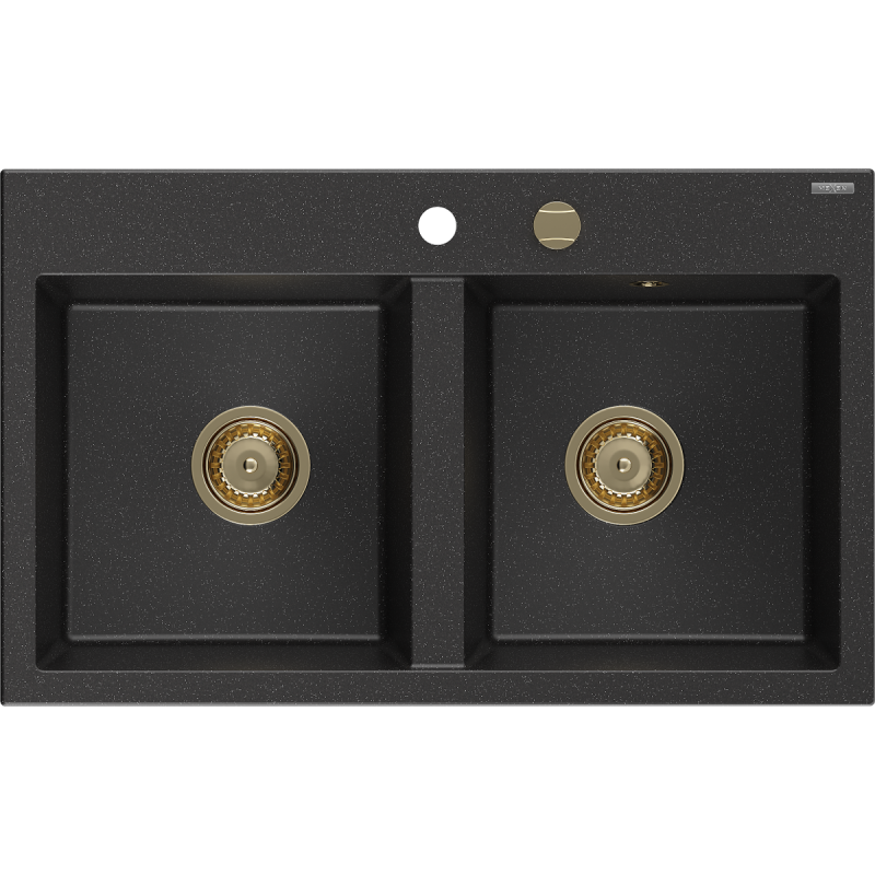 Chiuvetă granit Mexen Hektor cu 2 compartimente 800 x 480 mm, negru/argintiu metalizat, sifon auriu - 6521802000-73-G