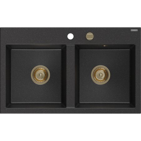 Mexen Hektor 2-kamrás gránit mosogató 800 x 480 mm, fekete/ezüst metál, arany szifon - 6521802000-73-G