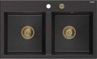 Chiuvetă granit Mexen Hektor cu 2 compartimente 800 x 480 mm, negru/argintiu metalizat, sifon auriu - 6521802000-73-G