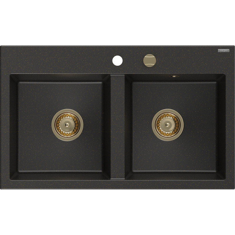 Mexen Hektor kétrészes gránit mosogató 800 x 480 mm, fekete/arany metál, arany szifon - 6521802000-75-G
