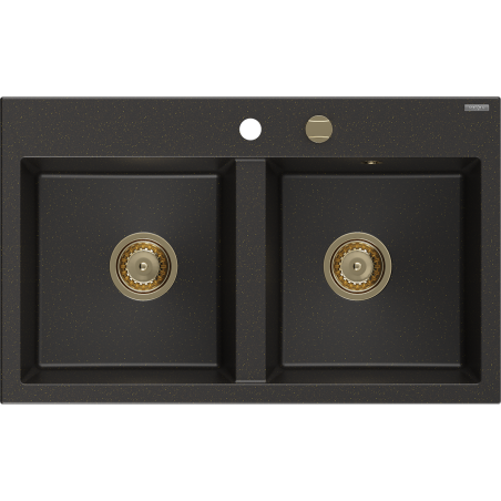 Mexen Hektor chiuvetă de granit cu 2 compartimente 800 x 480 mm, negru/auriu metalic, sifon auriu - 6521802000-75-G