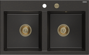 Mexen Hektor chiuvetă de granit cu 2 compartimente 800 x 480 mm, negru/auriu metalic, sifon auriu - 6521802000-75-G