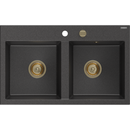 Mexen Hektor chiuvetă de bucătărie din granit cu 2 cuve 800 x 480 mm, negru pistruiat, sifon auriu - 6521802000-76-G