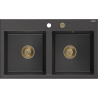 Mexen Hektor chiuvetă de bucătărie din granit cu 2 cuve 800 x 480 mm, negru pistruiat, sifon auriu - 6521802000-76-G