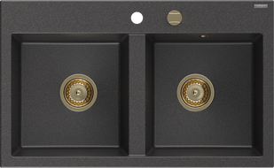 Mexen Hektor chiuvetă de bucătărie din granit cu 2 cuve 800 x 480 mm, negru pistruiat, sifon auriu - 6521802000-76-G