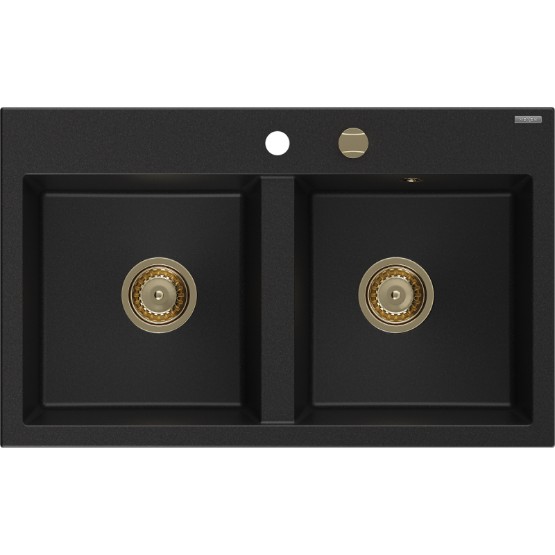 Mexen Hektor 2 rekeszes gránit mosogató 800 x 480 mm, fekete, arany szifonnal - 6521802000-77-G
