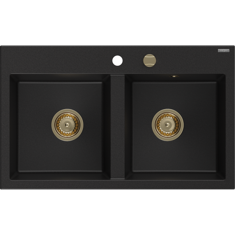 Mexen Hektor chiuvetă de bucătărie din granit cu 2 cuve 800 x 480 mm, negru, sifon auriu - 6521802000-77-G