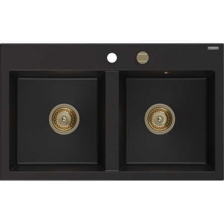 Mexen Hektor chiuvetă de bucătărie din granit cu 2 cuve 800 x 480 mm, negru, sifon auriu - 6521802000-77-G