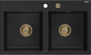 Mexen Hektor 2 rekeszes gránit mosogató 800 x 480 mm, fekete, arany szifon - 6521802000-77-G