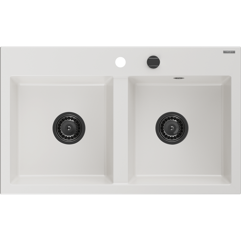 Mexen Hektor 2-medencés gránit mosogató 800 x 480 mm, fehér, fekete szifon - 6521802000-20-B