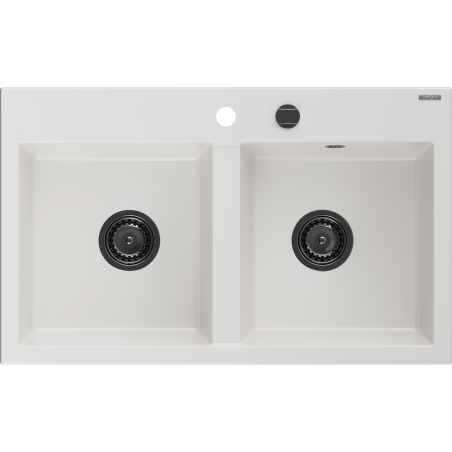 Mexen Hektor chiuvetă de bucătărie din granit cu 2 compartimente 800 x 480 mm, albă, sifon negru - 6521802000-20-B