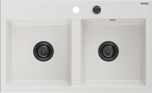 Mexen Hektor chiuvetă de bucătărie din granit cu 2 compartimente 800 x 480 mm, albă, sifon negru - 6521802000-20-B