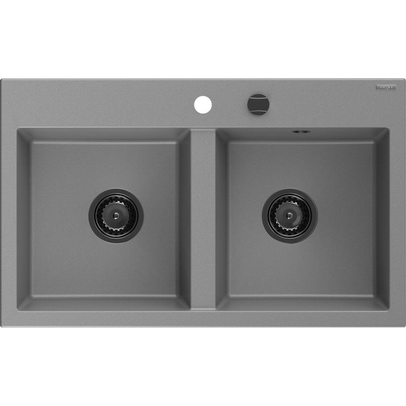 Mexen Hektor gránit kétkamrás mosogató 800 x 480 mm, szürke, fekete szifon - 6521802000-71-B