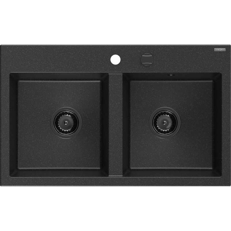 Mexen Hektor 2-medencés gránit mosogató 800 x 480 mm, fekete/ezüst metál, fekete szifon - 6521802000-73-B