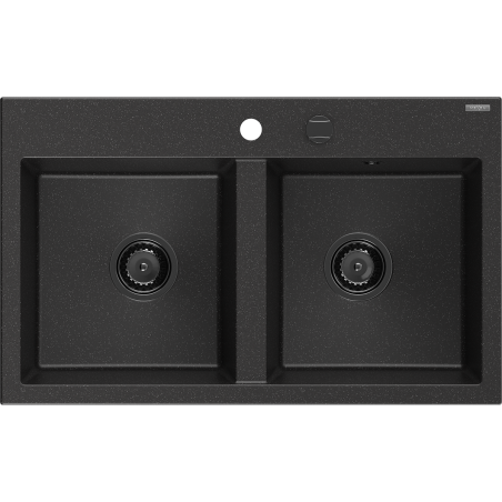 Mexen Hektor chiuvetă de granit cu 2 compartimente 800 x 480 mm, negru/argintiu metalic, sifon negru - 6521802000-73-B