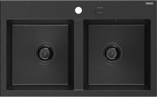 Mexen Hektor 2-medencés gránit mosogató 800 x 480 mm, fekete/ezüst metál, fekete szifon - 6521802000-73-B