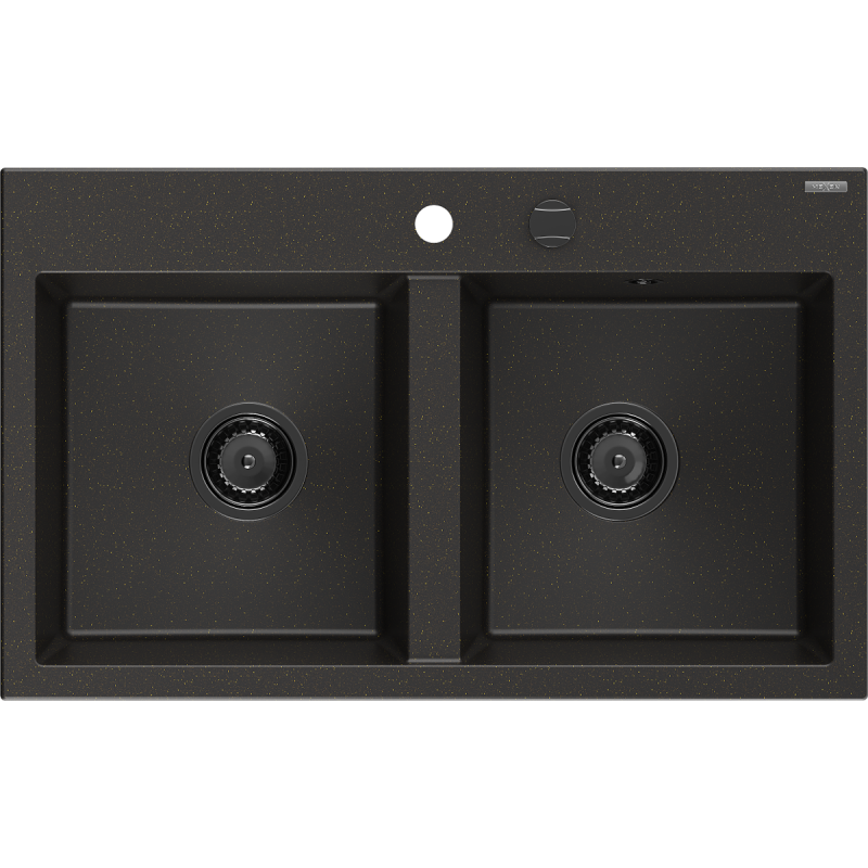 Mexen Hektor gránit mosogató kétkamrás 800 x 480 mm, fekete/arany metál, fekete szifonnal - 6521802000-75-B