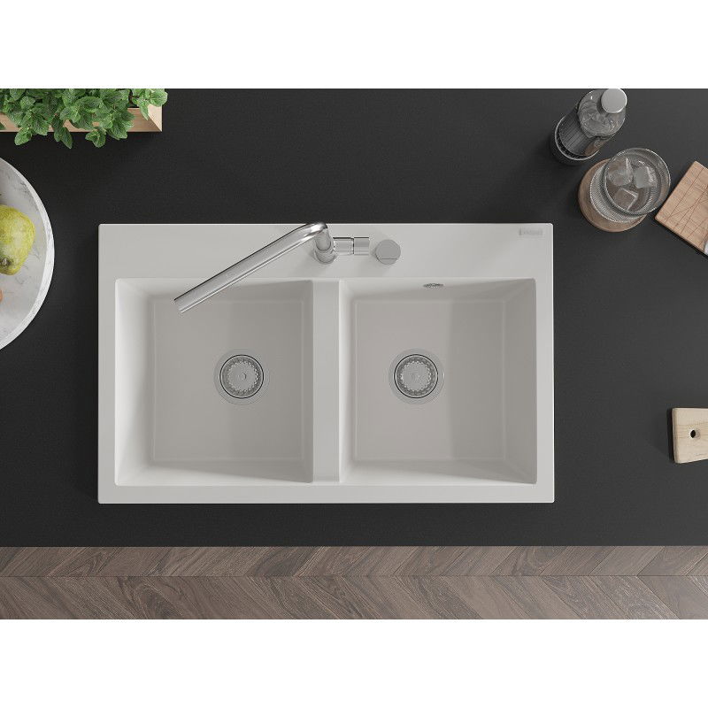 Mexen Hektor gránit mosogató 2-medencés 800 x 480 mm, fehér, króm szifon - 6521802000-20