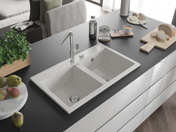 Mexen Hektor chiuvetă din granit cu 2 camere 800 x 480 mm, alb, sifon crom - 6521802000-20