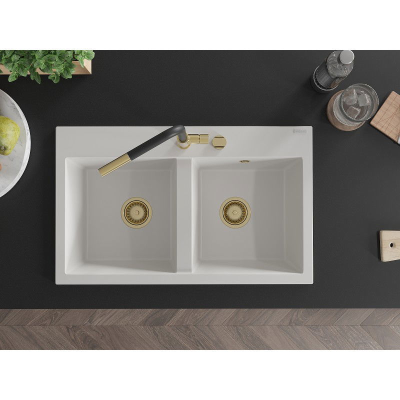 Mexen Hektor 2 rekeszes gránit mosogató 800 x 480 mm, fehér, arany szifon - 6521802000-20-G