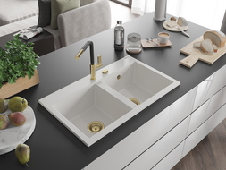 Mexen Hektor chiuvetă de bucătărie din granit cu 2 compartimente 800 x 480 mm, alb, sifon auriu - 6521802000-20-G