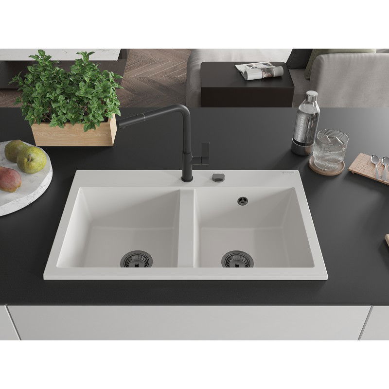 Mexen Hektor chiuvetă de bucătărie din granit cu 2 compartimente 800 x 480 mm, albă, sifon negru - 6521802000-20-B