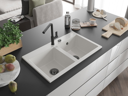 Chiuvetă granit Mexen Hektor 2 compartimente 800 x 480 mm, alb, sifon negru - 6521802000-20-B