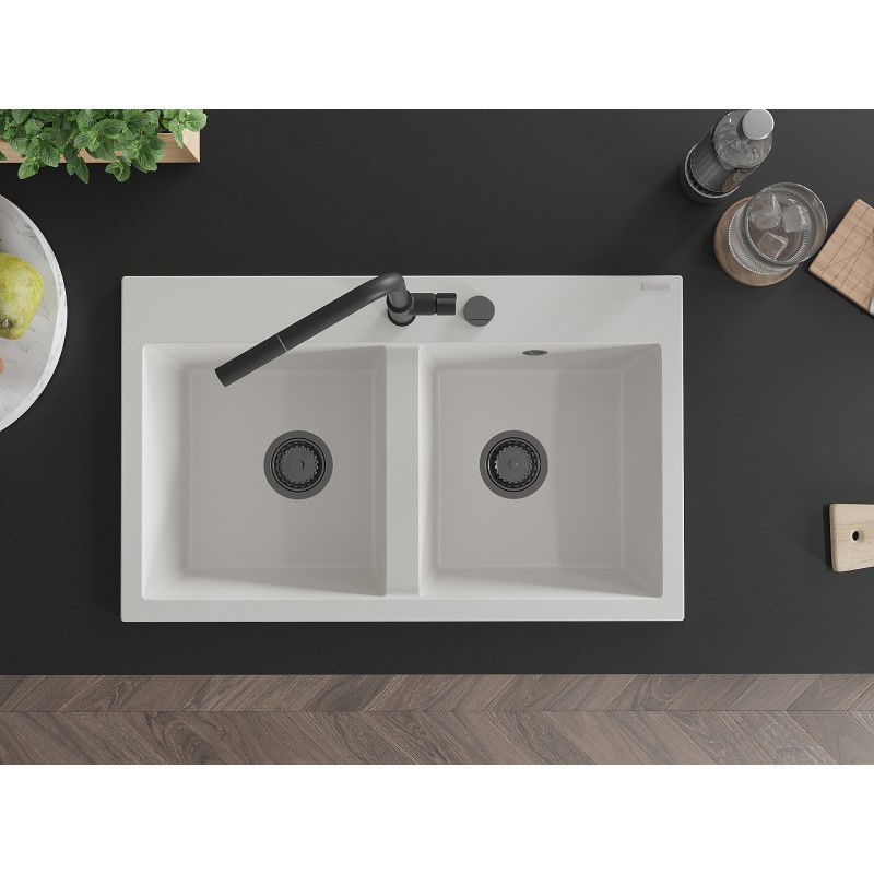 Mexen Hektor chiuvetă de bucătărie din granit cu 2 compartimente 800 x 480 mm, albă, sifon negru - 6521802000-20-B