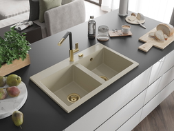 Mexen Hektor chiuvetă din granit cu 2 compartimente 800 x 480 mm, bej, sifon auriu - 6521802000-69-G