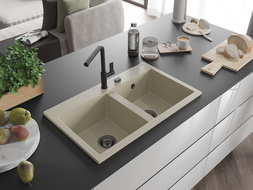 Mexen Hektor chiuvetă granit 2-camere 800 x 480 mm, bej, sifon negru - 6521802000-69-B