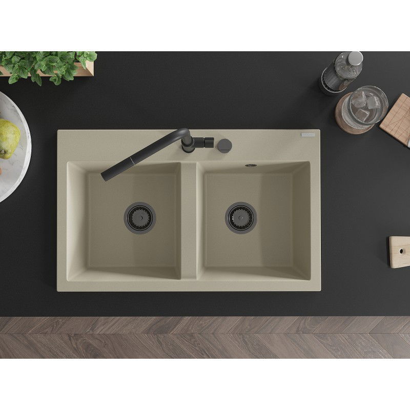 Mexen Hektor 2 kamrás gránit mosogató 800 x 480 mm, bézs, fekete szifon - 6521802000-69-B