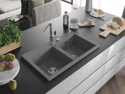Mexen Hektor gránit mosogató 2-medencés 800 x 480 mm, szürke, krómozott szifon - 6521802000-71