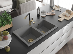 Mexen Hektor chiuvetă de granit 2 compartimente 800 x 480 mm, gri, sifon auriu - 6521802000-71-G