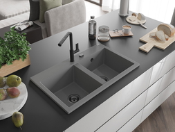 Mexen Hektor chiuvetă de bucătărie granit 2-cămătar 800 x 480 mm, gri, sifon negru - 6521802000-71-B