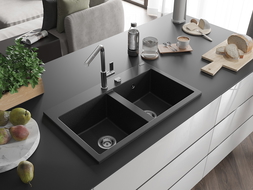 Mexen Hektor chiuvetă din granit cu 2 compartimente 800 x 480 mm, negru/metalic argintiu, sifon crom - 6521802000-73