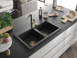 Chiuvetă granit Mexen Hektor cu 2 compartimente 800 x 480 mm, negru/argintiu metalizat, sifon auriu - 6521802000-73-G
