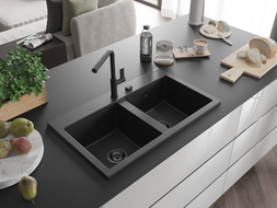 Mexen Hektor 2-medencés gránit mosogató 800 x 480 mm, fekete/ezüst metál, fekete szifon - 6521802000-73-B