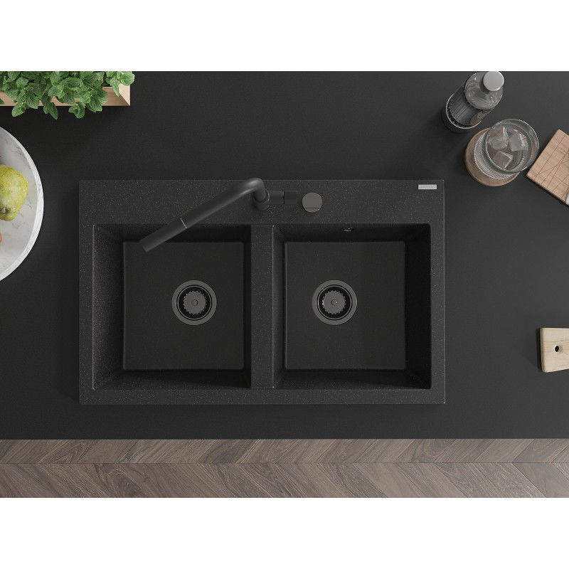 Mexen Hektor chiuvetă de granit cu 2 compartimente 800 x 480 mm, negru/argintiu metalic, sifon negru - 6521802000-73-B