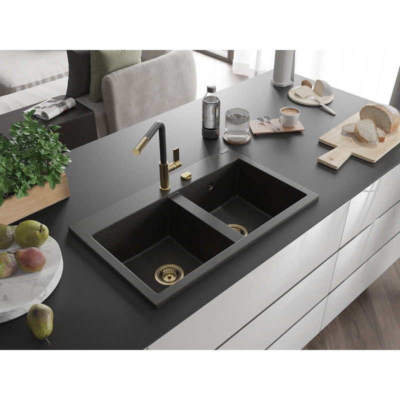 Mexen Hektor chiuvetă de granit cu 2 compartimente 800 x 480 mm, negru/auriu metalic, sifon auriu - 6521802000-75-G